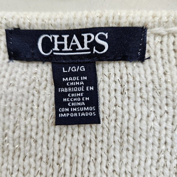Vintage Ralph Lauren Chaps Womens Cable Knit Sweater Vneck Ivory w Sparkle Large - Picture 5 of 6
